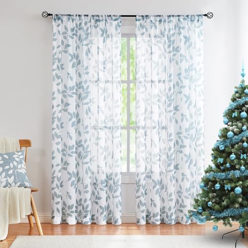 Image of Blue Leaves White Sheer Curtains for Living Room Bedroom 95 inches Long Filter Light Modern Botanical Print Drapes Semi Sheer Linen Textured Curtain Panels for Yard Patio Basement Laundry Room 2pcs