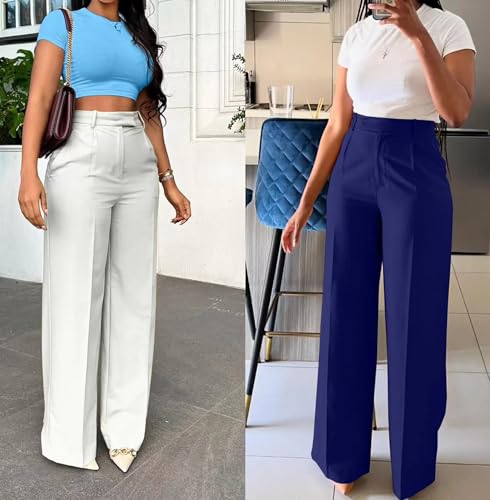 DINGANG Women's High Waisted Work Pants Baggy Straight Leg Office Business Slacks Pant with Pockets3