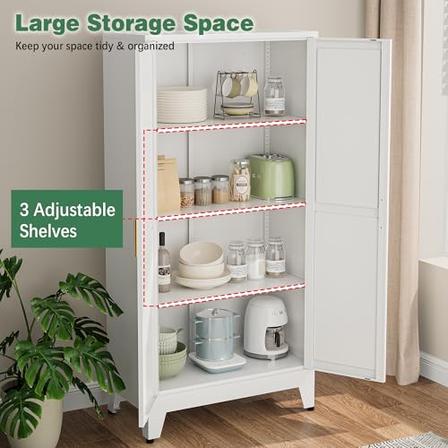 Image of Bevivog 61 inch Tall Metal Storage Cabinet with 2 Doors Farmhouse Tall Bathroom Cabinet Freestanding, White Metal Pantry Cabinets for Kitchen, Laundry Room, Home Office