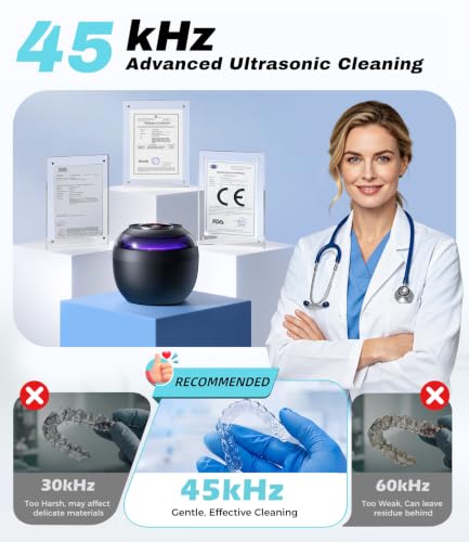 Image of Ultrasonic Retainer Cleaner Machine, 45kHz Deep Gentle Dental Cleaning Pod with 304 Stainless Steel Tank, 4 Cleaning Modes for Aligners, Dentures, Mouth Guards, Night Guards, Light Black
