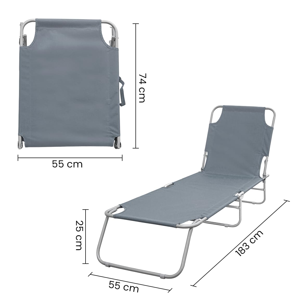 Mediawave Store - Lettino Prendisole Pieghevole 2309 con Schienale Regolabile, Brandina per Campeggio, Lettino Richiudibile e Trasportabile, per Mare, Piscina, Arredo Giardino (Grigio)