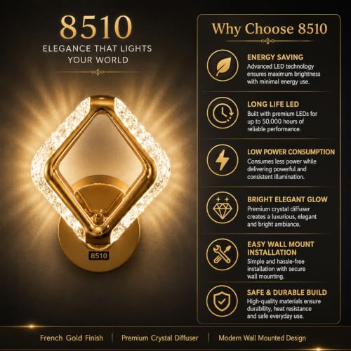 Image of Rosegold LED Wall Light for Home Decor | 3 Color Changing Crystal Wall Lamp (Warm White, Neutral White, Cool White) | Modern Gold Finish Decorative Wall Sconce for Living Room,