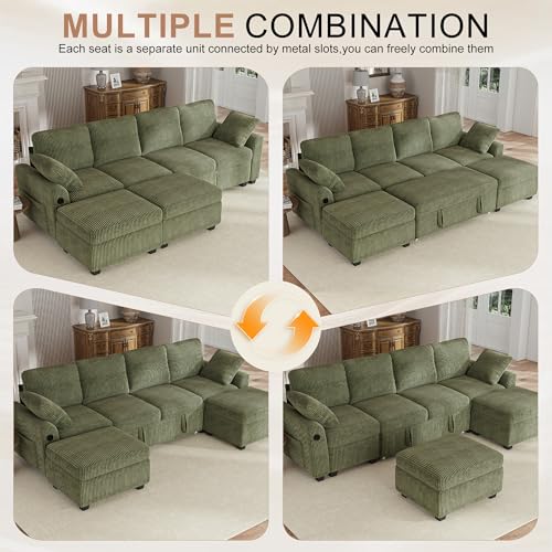 Image of Hanherry 104 inch Sectional Sofa with Pull Out Couch Bed,Corduroy 4 Seater Sleeper Sofa with Storage Ottoman & USB Charging,Comfy U Shaped Modular Couches for Living Room,Apartment