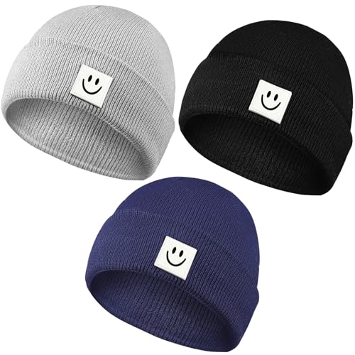 Image of Mepase 3 Pcs Baby Smile Face Beanie Cap Knit Hats for Toddler Kids - Soft Winter Caps With Embroidered Smile (Black, Gray, Navy, 0-6 Months)