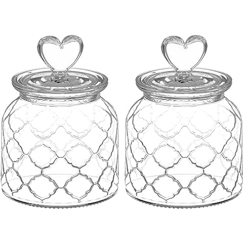 HomeyHoney 22 oz Clear Glass Canister with Cute Heart shaped Lids Set, Food Storage Glass Jars with Airtight Lids for Kitchen and Dining Room, Grid/Set of 2 Cover