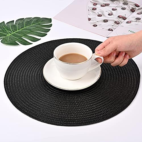6Packs Round Placemats Heat Resistant Braided Placemats Washable and Anti-slip Table Placemats and Coaster Sets Outdoor Indoor Dinner Table,(6Placemats+6Coasters,Black)