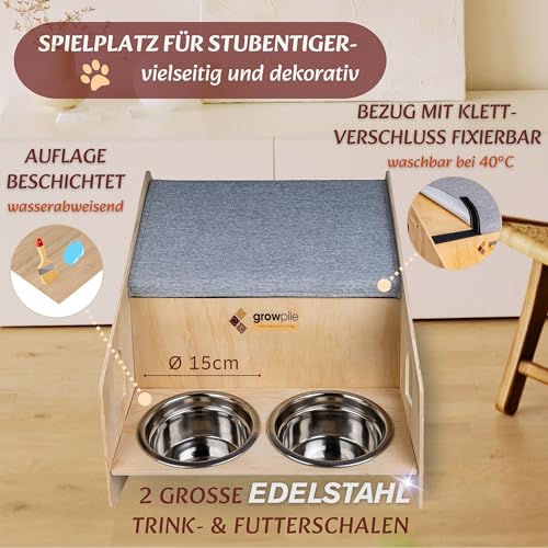 growpile Katzen- und Hundehäusschen aus hochwertigem Kiefernholz mit 2 Trinkschalen aus Edelstahl, zum selbst bemalen und bekleben mit Holzbuchstaben, incl. Acrylfarben