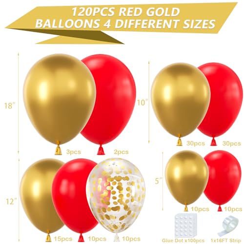 Image of YAOWKY Red Gold Christmas Balloons Garland Kit, 120Pcs 18 12 10 5In Red and Gold Balloons With Gold Confetti Balloons for New Year's Party Valentines Wedding Bachelorette Birthday Decorations
