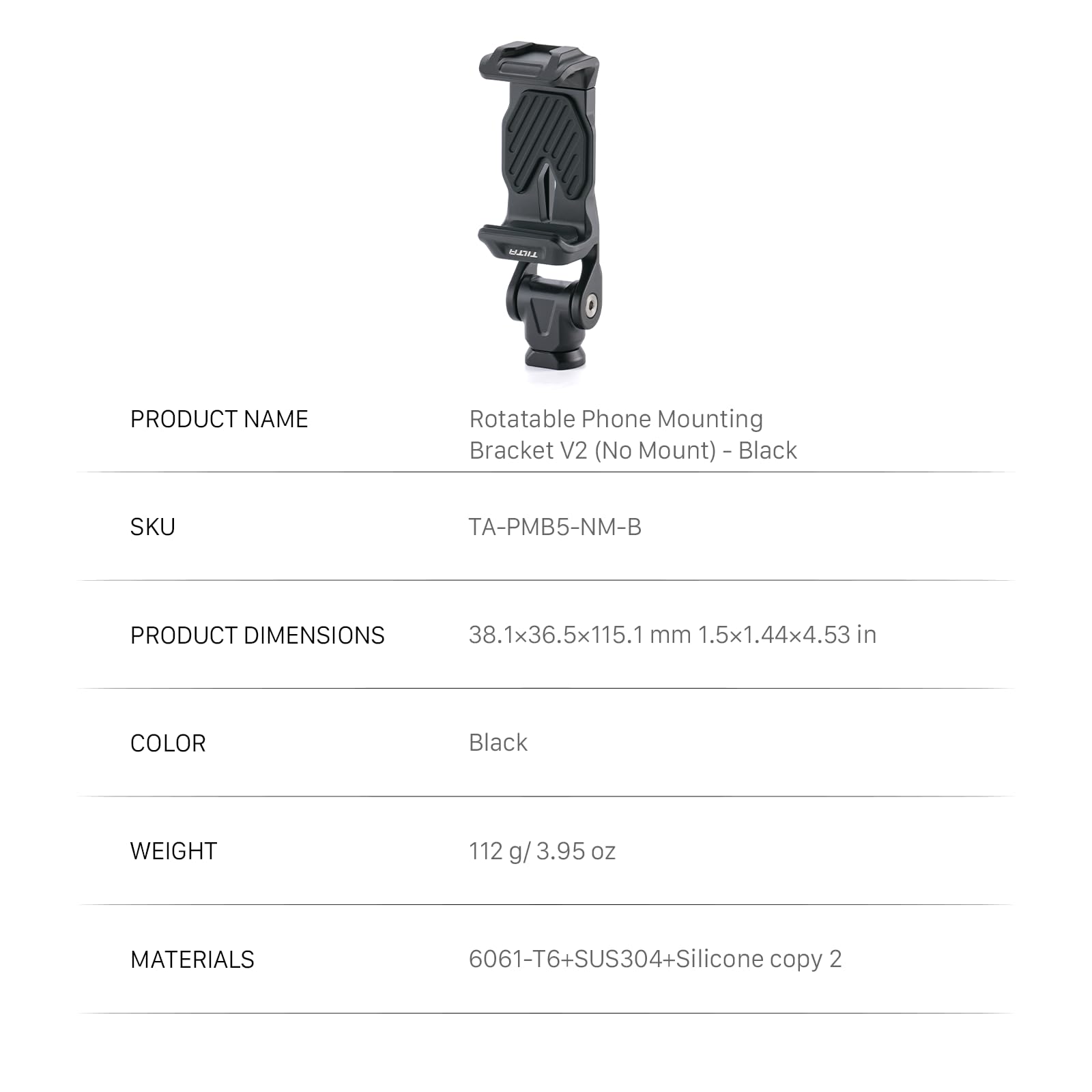 Tilta Stativ-Telefonhalterung mit 1/4"-Gewinde, Handy-Klemmhalterung, 360° drehbar und 180° neigbar, verstellbare Telefonhalterung für Kameras (ohne Adapter) - Schwarz TA-PMB5-NM-B
