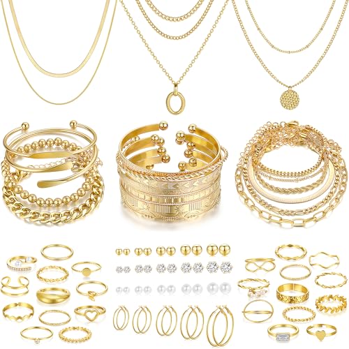 FAXHION 68 Pcs Gold Jewelry Set for Women With 7 Necklace,17 Bracelet, 5 Hoop Earrings,15 Stud Earrings,24 Knuckle Rings for Women Jewelry Set for Women