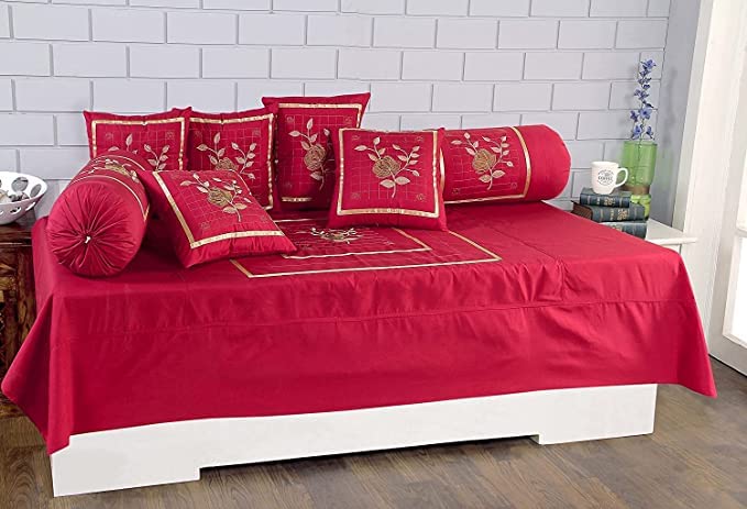 Dream Decor Cotton Diwan Set Pack of 8 Piece Including 1 Single bedsheet, Two Bolster Cover and Five Cushion Covers Designer Embroidery Diwan Cover Set for Living Room, 60 x 95 Inches - Red-image-45