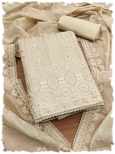 Image of Pandadi Saree Women's Elegant Lucknowi Work with Modal Cotton Chanderi and Embroidered Dupatta Unstitched Dress Material