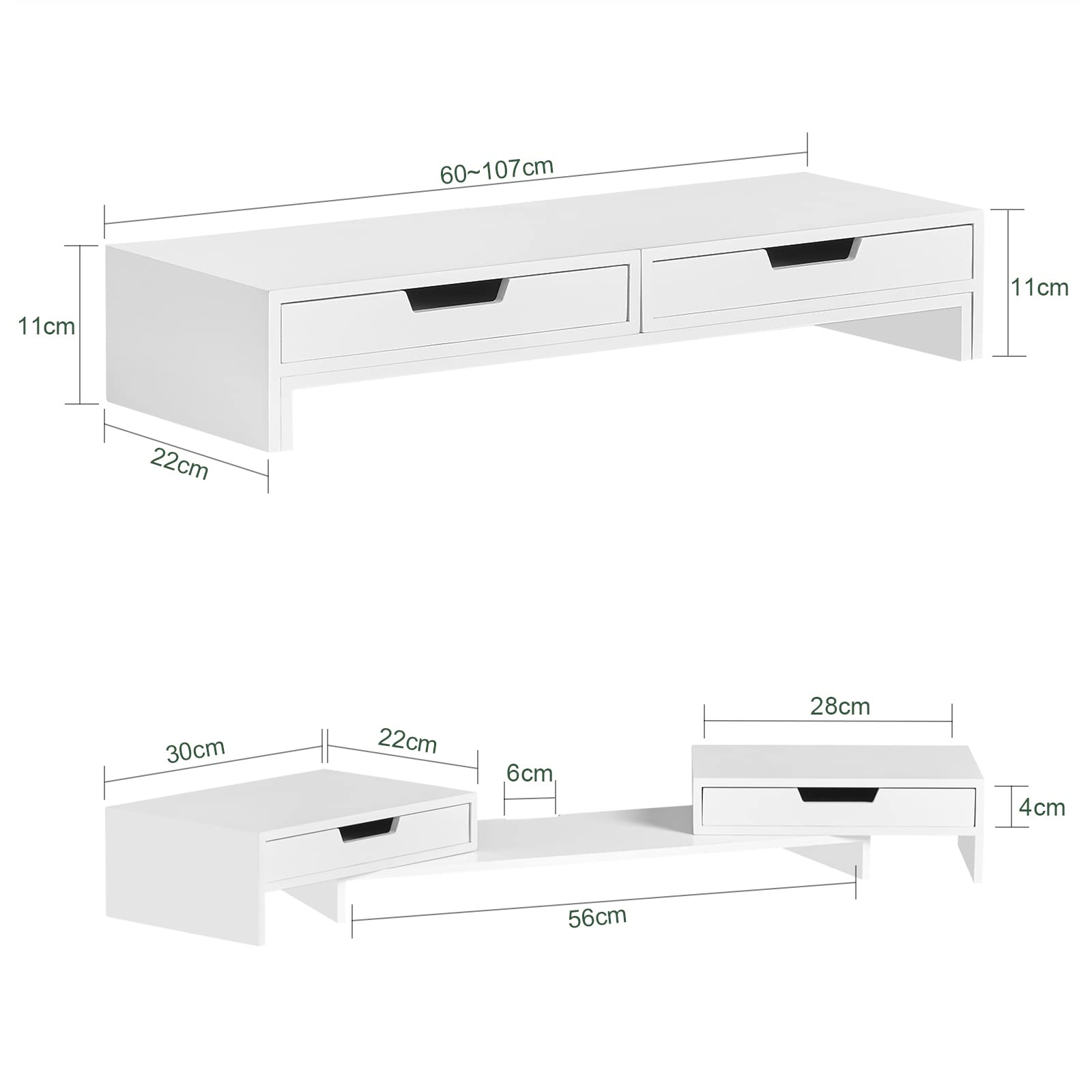SoBuy Breitenverstellbarer Monitorständer mit 2 Schubladen, Schreibtisch Organizer, Bildschirmständer für 2 Monitore, Monitorerhöhung für Schreibtisch, Büro Organizer, Weiß, 60–107x11x22cm BBF04-W