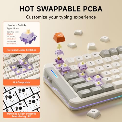 Image of MCHOSE X75 V2 Wireless Mechanical Keyboard Volume Knob, Tri-mode BT5.0 /2.4GHz /USB-C Hot Swappable Custom Keyboards, Linear Switch Creamy keyboards,RGB Gaming Keyboard for PC /Tablet /PS /Xbox,Retro White