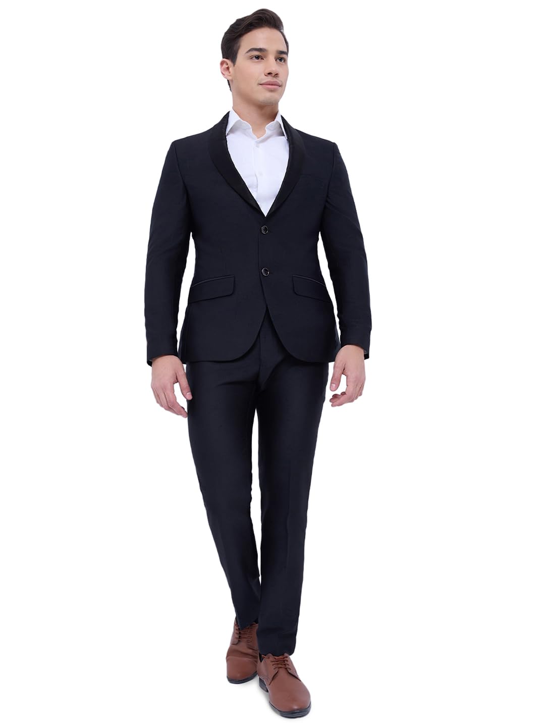 raymond Men Slim Fit Solid Pattern Poly Rayon Blend Shawl Collar Full Sleeve Formal Suit Black-picture-41