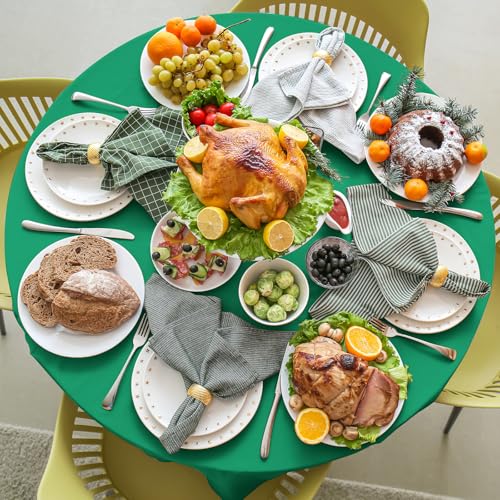 Image of 16 Pack Green Plastic Tablecloth for Round Tables, Premium Decorative Green Disposable Table Cloths for Parties, Round Party Table Cover for Birthday Anniversary Graduation Picnic Party, 84 Inch