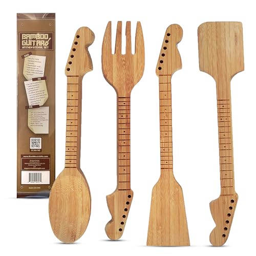 Rise8 Studios Guitar Bamboo Cooking Utensils Set (4-Piece) | Wooden Spoons and Spatulas | Fun Music Themed Kitchen Gadgets & Accessories | Unique Gift for Musicians, Guitar Players