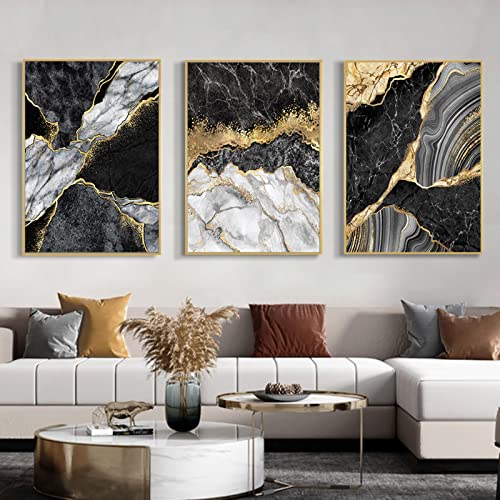 Toile art peinture marbre noir or 3 tableaux déco salon chic