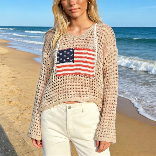 Image of Women's American Flag Crochet Sweater Long Sleeve Hollow Out Lightweight Knit Hoodie 2026 Summer Beach Cover Up Tops