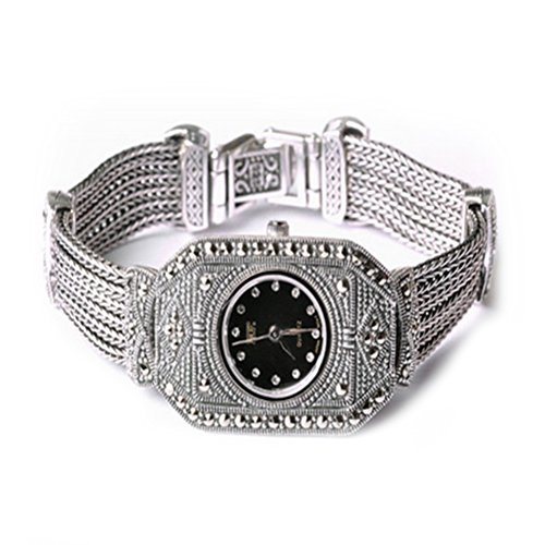 Plata de ley de lujo vintage reloj pulsera de plata de ley 925 con Marcasita Pendientes para las mujeres