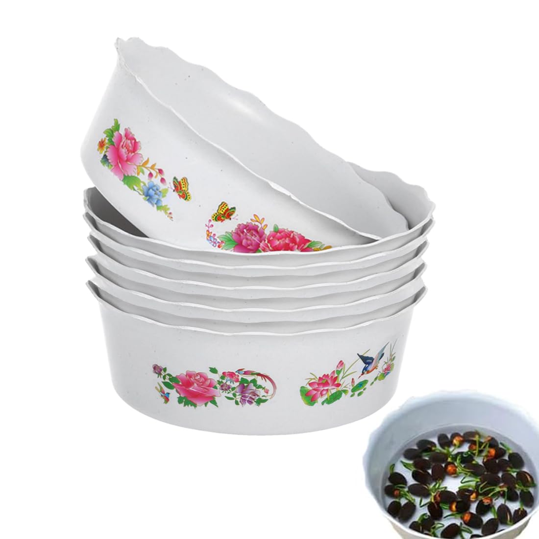 Senda White 6Pcs Lotus Bowl Planter, Plastic Round Lotus Bowl Hydroponic Plant Floral Bowls For Water Lily Narcissus Planting Succulent (Random Pattern)