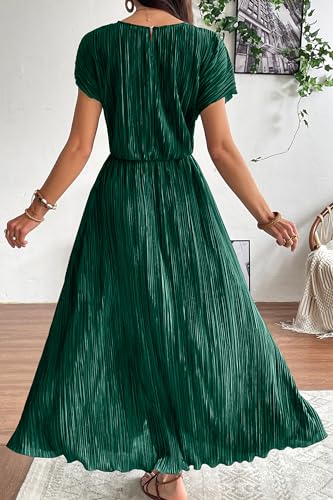 Image of CCTOO Womens Summer Maxi Dresses: Casual Short Sleeve Crewneck Slit Sundress Ruffle Pleated Long Flowy Party Cocktail Dress