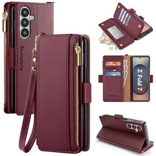 Antsturdy Compatible with Samsung Galaxy Z Fold7 Case Wallet with Card Holder Z Fold 7 5G Phone Case with Strap Shockproof PU Leather RFID Blocking Flip Cover Credit Card Slots Women Men Wine Red
