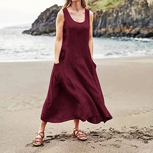Plus Size Cotton Linen Summer Dresses for Curvy Women 2025 Sleeveless Maxi Vacation Beach Sundresses with Pockets