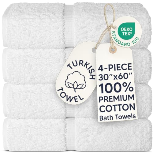 Chakir Turkish Linens 100% Cotton Premium Turkish Towels for Bathroom | 30 x 60 Large Bath Towels (4 Piece White)