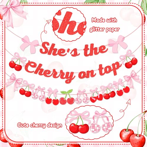 Image of K KUMEED 3PCS Cherry Party Decorations,She's The Cherry On Top Theme Banner, Cherry Garland Decor Summer Fruit for Birthday Baby Shower Wedding Bridal Shower