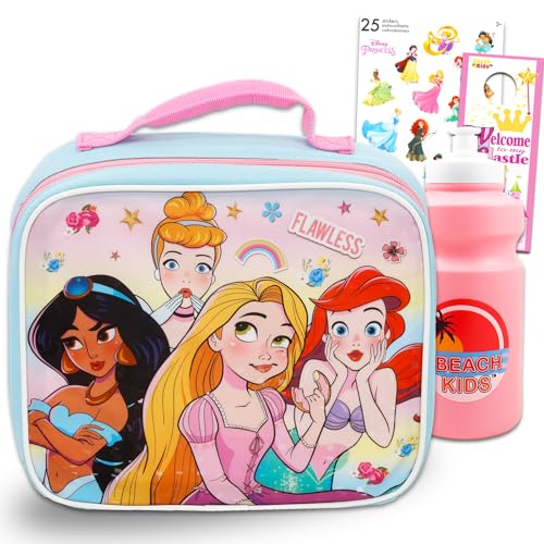 Disney Princess Lunch Bag Set For Girls, Kids - Bundle with Princess School Lunch Box With Pink Water Bottle, Princess Stickers And More Princess...