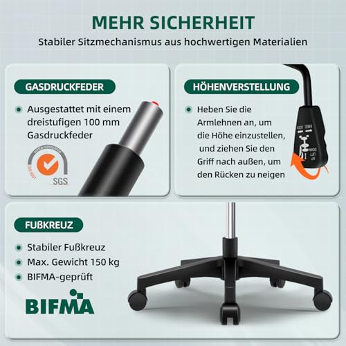 Airchros Bürostuhl Ergonomisch,Schreibtischstuhl mit Hochklappbaren Armlehnen,Einstellbare Lendenstütze,Höhenverstellbarer Chefsessel Drehstuhl,Netzstuhl mit Wippfunktion bis 125°,Schwarz