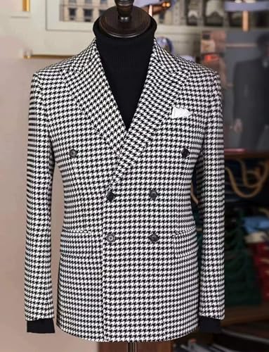 Men's Daily Houndstooth Suit Blazer Double Breasted Buttons Jacket Peak Lapel Leisure Tuxedos Coat3