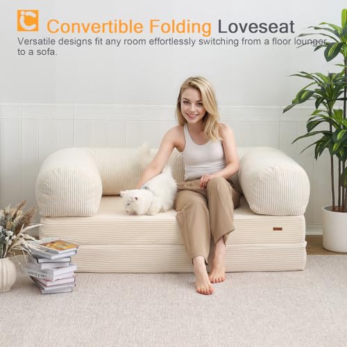 COMAX Folding Sofa Bed Queen, 4-in-1 Foldable Floor Couch Convertible Futon Sofa with Armrests Sleeper Mattress Chair Bed Comfy Portable Fold Out Lounge Guest for Living Room Bedroom, Beige