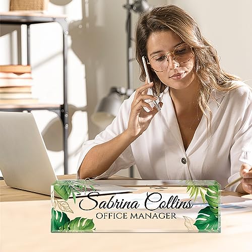 Image of Custom Name Plate for Desk, Desk Name Plate Personalized, Office Decor for Women Men, Acrylic Desktop Accessories, Office Appreciation Gifts for Boss Social Workers Nurse Teacher Employee(Green Leaf)