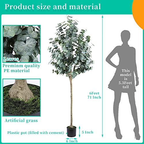 Artificial Eucalyptus Tree 6Ft（71"） Tall Fake Eucalyptus Plants With 1140 Silver Dollar Leaves Faux Silk Eucalyptus Stems With Planter Artificial Tree For Indoor Outdoor Home Office Shop Decoration #TOP1