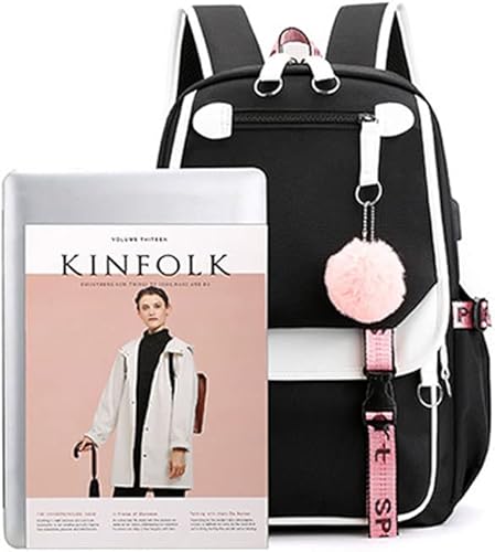 Miniatura 4 de Mochilas para niñas adolescentes con puerto USB, mochila negra linda que puede contener cuaderno de 15.6 pulgadas, Negro y rosado, 17.32*11.81*8.27