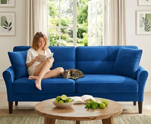 Image of Loveseat Sofa, 69 inch Love Seat Couches, Comfy Velvet Small Couches for Small Spaces with 2 Pillows, Tool-Free Setup Sofas & Couches, 700lb Load Sofas for Living Room, Mini Couch for Bedroom, Blue Couch