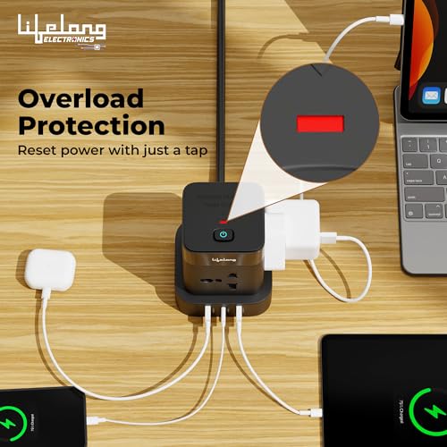 Image of Lifelong Electronics Extension Board 7-in-1 with Switch | 4 AC Sockets + 3 USB Ports (2 Type A + 1 Type C) | Overload Protection | Desk Accessories & Multiplug Gadget | 2M Cord (Model: Cube)