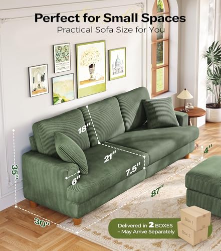Image of Kidirect 87in L Shaped Couch, Modular Sofa No Tool Assembly, Comfy Sectional Couches for Living Room 21 inch Deeper Seats, Corduroy Sofas for Living Room &2 Pillows, Loveseat Sofa Set, Oliver Green Couch