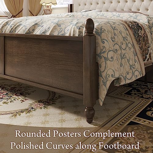 King-Size-Wood-Bed-Frame-with-Upholstered-Headboard-Solid-Wood-Platform-Bed-with-Linen-Tufted-No-Box-Spring-Needed-Easy-Assembly-Walnut King Size Wood Bed Frame with Upholstered Headboard Solid Wood Platform Bed with Linen Tufted No Box Spring Needed Easy Assembly Walnut