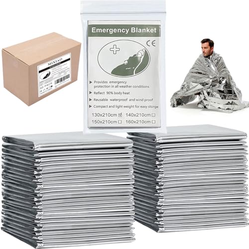 MIXIAO Emergency Foil Blanket (Pack of 50), Survival Thermal Mylar Blankets Individually Packaged Perfect for Outdoors, Hiking, Survival, Marathons or First Aid