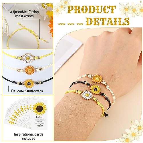 Huquary 36 Set Inspirational Gifts Bulk Sunflower Bracelets for Women Handmade Sunflower Bracelets with Thank You Cards for Friendship Women Coworker Sunshine Party Favors3