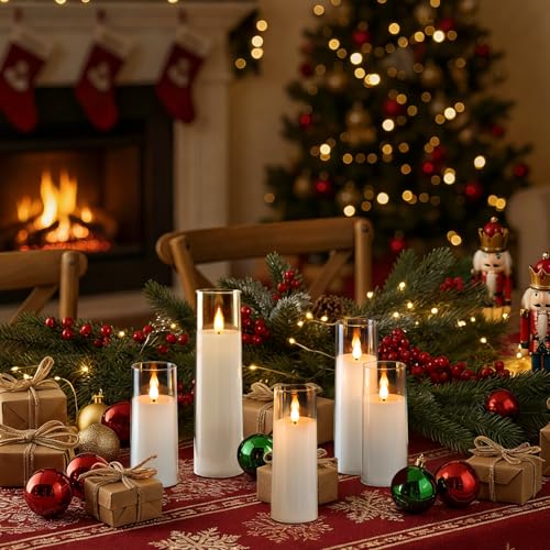Image of Amagic Pure White Flameless Candles, Battery Operated Candles, Acrylic Flickering LED Pillar Candles with Remote Control and Timer, 3D Wick, Yellow and Blue Glow, D2.2 xH5 5 inch 6 inch 7 inch 8 inch, Set of 5