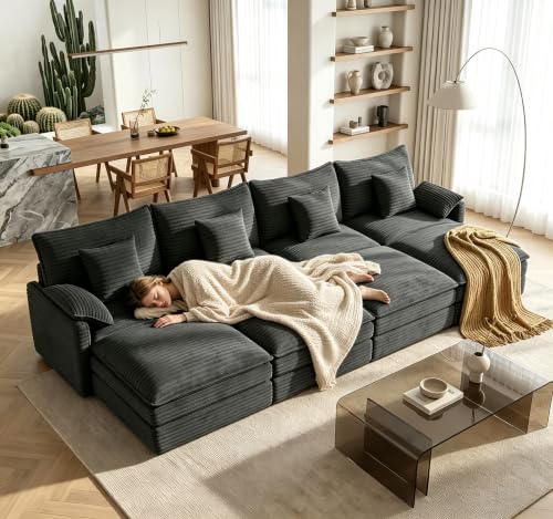 Image of Vesgantti 142 inch Cloud Sleeper Couch Living Room, Sectional Sofabed, Grey