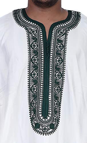 Moroccan Men Kaftan Handmade Thobe Long Gown White With Delicate Green Embroidery4