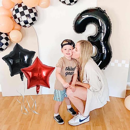 Image of TONIFUL 40 Inch Race Car 3rd Birthday Balloons - Racetrack Number 3, Wheel Tire, Black White Checkered, Star - Boys Car Themed Party Decor