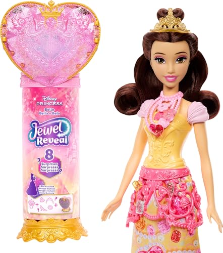 Mattel Disney Princess Belle Fashion Doll & Accessories with 8 Surprises Including Heart Gem Box Ring for Child & 9 Pieces Inspired by Movie