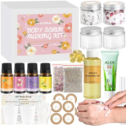 JUYRLE Body Scrub Making Kit- Make Your Own Salt Body Scrub with Almond Oil, Essential Oils, Moisturizing and Exfoliating Dry Skin Hand Foot DIY Organic Body Scrubs Christmas Gifts For Women & Men
