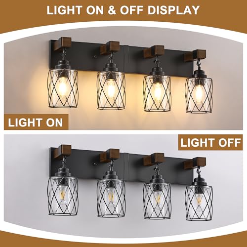 Image of Bathroom Light Fixtures, Farmhouse Wood & Black Metal with Glass Shade | 4 Light Rustic Vanity Lights, Mounted Over Mirror For Bathroom, Bedroom and Hallway, Easy To Install